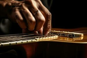 ai gerado entretenimento Rocha musical Preto mãos jogando jogador fechar-se som elétrico guitarrista foto