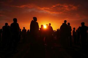 ai gerado verão céu pessoa pôr do sol grupo natureza jovem Preto lotado ao ar livre luz fundo foto