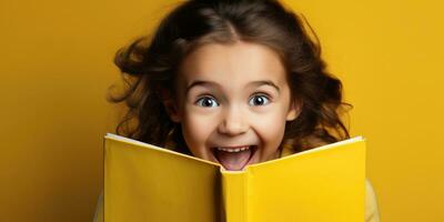 ai gerado Educação pessoa fêmea retrato escola fofa ler menina infância lindo pequeno jovem foto