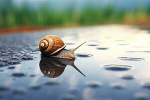 ai gerado fechar-se Caracol plantar verão espiral animal lento jardim molhado macro natureza molusco pequeno foto