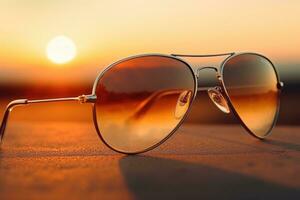 ai gerado fundo mar ensolarado luz solar céu azul oculos de sol oceano moda viagem verão período de férias foto