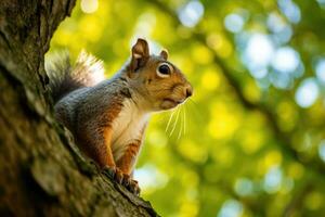 ai gerado verão floresta animal mamífero rabo roedor fechar-se selvagem peludo vermelho árvore Castanho fofo foto