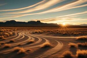 ai gerado turismo areia Visão deserto pôr do sol natureza quente azul horizonte montanhas beleza panorama foto