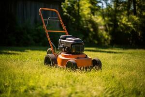 ai gerado Cortar cortar equipamento máquina tecnologia trabalhos Cuidado verde natureza campo Primavera gramado Jardim ferramenta foto