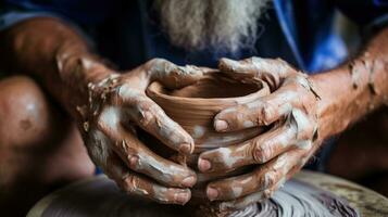 ai gerado homem criatividade escultor feito à mão argila oleiro Panela cerâmica arte roda artista oficina foto
