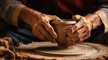 ai gerado construir roda argila oleiro mão feito à mão tigela cerâmica fabricação fazer habilidade arte foto