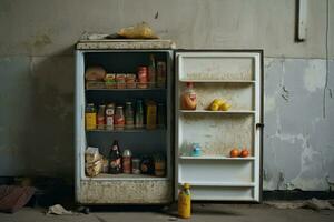 ai gerado família fundo Comida fresco frio geladeira aberto casa cozinha suco laranja fruta foto