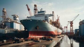 ai gerado industrial embarcação barco carga Remessa guindaste marítimo construção naval mar comercial foto