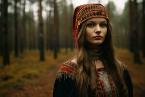 ai gerado vermelho mulher bonita retrato modelo fêmea Preto natureza estilo pessoa face moda jovem foto