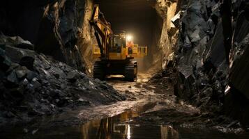 ai gerado geologia pesado maquinaria minério máquina caminhão equipamento ouro profundo caverna subterrâneo foto