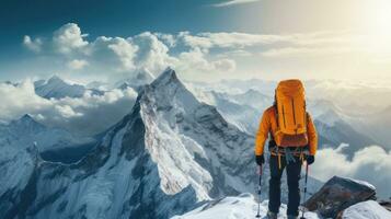 ai gerado frio homem pessoa ativo inverno escalar esporte neve caminhada alpinista caminhante realização foto