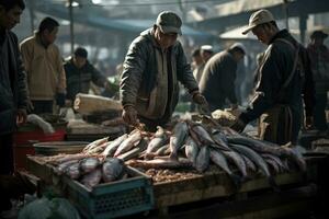 ai gerado cidade tradicional cru viagem o negócio varejo vendendo fazer compras mercado peixe ásia fresco pessoa foto