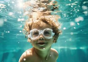 ai gerado azul 1 criança ativo pessoa embaixo da agua Garoto fofa infância saudável esporte água criança molhado foto