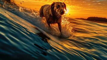 ai gerado cachorro corre verão canino animal de praia ao ar livre ativo natureza mar feliz água espirrando cachorro foto