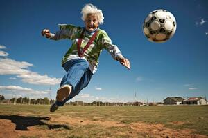 ai gerado masculino homem adulto Relva exercício caucasiano ativo campo lazer pessoa bola Atlético pontapé foto