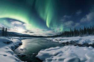 ai gerado natureza inverno céu Escandinávia norte noite verde luzes aurora boreal astronomia ártico foto