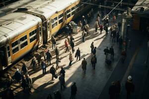 ai gerado trilho plataforma trem público esperando transporte estilo de vida cidade pessoa o negócio metrô foto