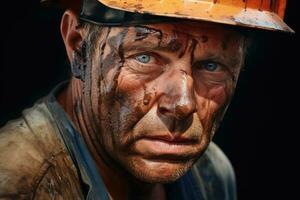 ai gerado industrial mineiro ocupação chapéu capataz segurança sujo face Difícil carvão retrato Preto masculino foto