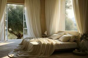 ai gerado roupa de cama luxo casa cortina luz janela moderno interior branco quarto decoração elegância foto