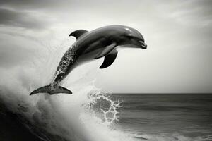 ai gerado pulando espirrando vida mar aquático azul animais selvagens marinho nadar mamífero água golfinho selvagem foto