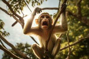 ai gerado natureza Ásia macaque floresta tropical árvore selva selvagem mamífero retrato macaco fofa foto