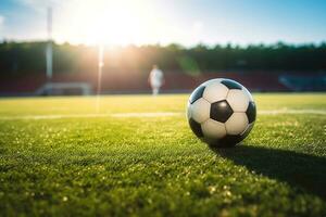 ai gerado jogos objetivo campo bola terra pontapé Relva céu jogar futebol verão futebol Parque infantil foto