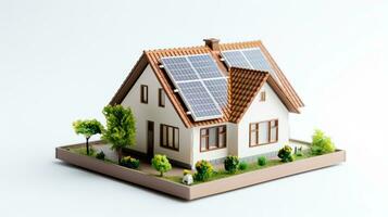 ai gerado miniatura casa modelo com solar painel em cobertura em branco fundo. inteligente casa energia salvando conceito foto