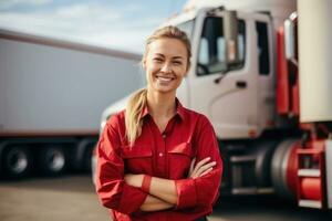 ai gerado industrial mulher retrato ao ar livre sorridente Remessa caminhão estrada ocupação feliz foto