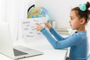 Inglês distância Aprendendo para crianças. Educação escolar em casa e distância Aprendendo para crianças. menina aluna estude conectados com vídeo ligar professor. foto