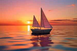 ai gerado horizonte tarde natureza água pôr do sol calma verão Sol barco a vela barco silhueta viagem foto