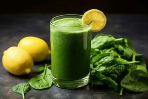 ai gerado verde mesa desintoxicação Vitamina vegetal cru espinafre frescor vegetariano orgânico Comida beber foto