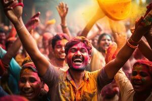 ai gerado Índia feliz a comemorar hindu piedosos multidão face vibrante evento feriado indiano hinduísmo alegria foto