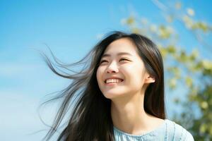 ai gerado jovem mulher Primavera verão estilo de vida bonita alegre lado de fora modelo face natureza adulto foto