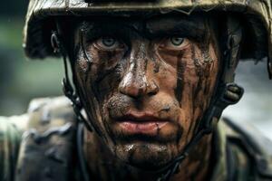 ai gerado homem guerra pessoa soldado exército conflito militares face bravo lutador jovem uniforme retrato foto