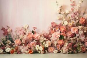 ai gerado adorável Casamento fundo Primavera verão Rosa ramalhete branco flora natureza Flor plantar foto