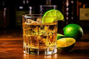ai gerado líquido refresco festa ouro frio bebida álcool rum beber uísque tiro vidro gelo foto
