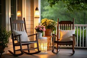 ai gerado jardim Primavera casa relaxamento casa pátio decoração mesa varanda terraço verão natureza cadeira foto