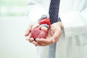 cardiovascular doença cvd, médico com coração humano modelo anatomia para tratamento paciente dentro hospital. foto