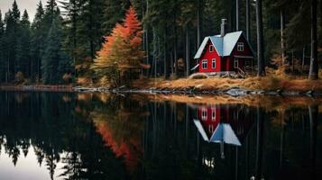 ai gerado pequeno vermelho casa dentro a madeiras perto a lago. solitário casa dentro a floresta foto