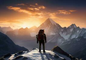 ai gerado caminhante com uma mochila em a topo do uma montanha. generativo ai. foto