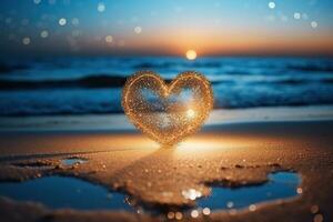 ai gerado coração em a areia em uma borrado mar fundo, bokeh. romântico panorama. gerado de artificial inteligência foto