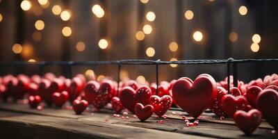 ai gerado feliz dia dos namorados dia Casamento aniversário fundo bandeira panorâmico cumprimento vermelho corações suspensão em de madeira prendedores de roupa corda com bokeh luzes em fundo foto