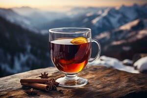 ai gerado uma vidro do quente ponderado vinho com especiarias em uma de madeira de mesa com uma Visão do a montanhas. gerado de artificial inteligência foto