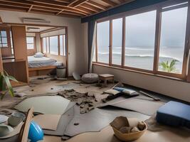 ai gerado interior do uma moderno hotel depois de tsunami ataque foto