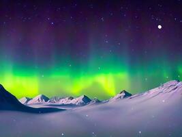 etéreo aurora boreal sobre uma Nevado montanha alcance ai generativo foto