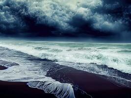 tormentoso praia, cercado de falhando ondas e dramático nuvens ai generativo foto