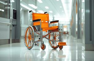 ai gerado cadeira de rodas dentro a hospital corredor. 3d Renderização e ilustração. foto