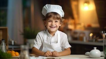 ai gerado caucasiano criança com sorrir vestido Como uma chefe de cozinha dentro a cozinha. foto