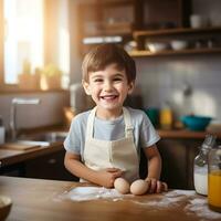 ai gerado caucasiano criança com sorrir vestido Como uma chefe de cozinha dentro a cozinha. foto