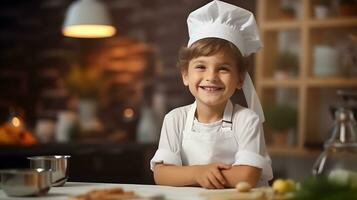 ai gerado caucasiano criança com sorrir vestido Como uma chefe de cozinha dentro a cozinha. foto